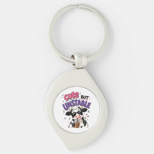 Cute but unstable cow with iced coffee keychain (Front)