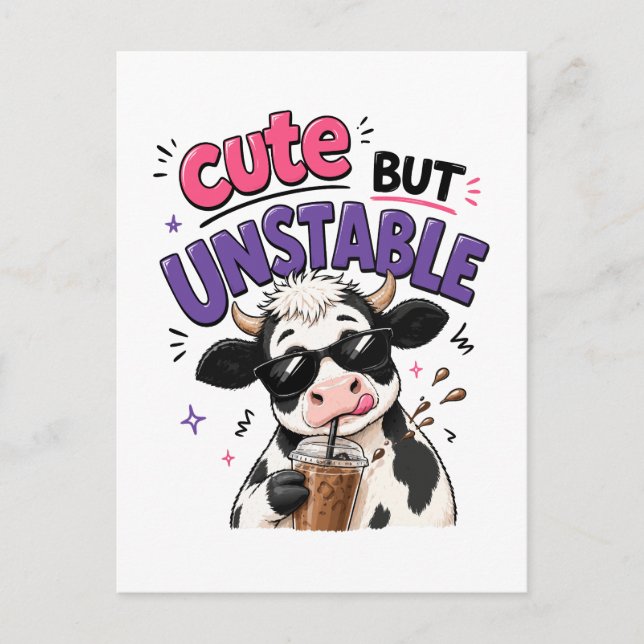 Cute but unstable cow with iced coffee postcard (Front)