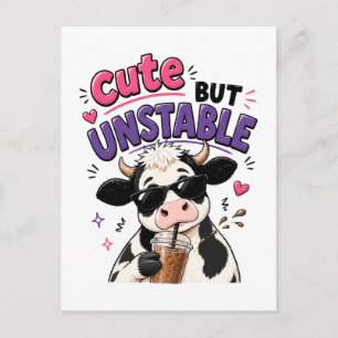 Cute but unstable cow with iced coffee postcard