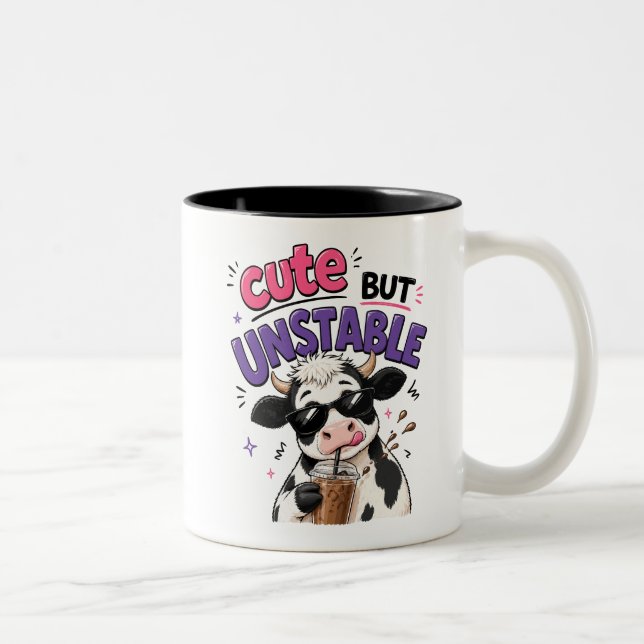 Cute but unstable cow with iced coffee Two-Tone coffee mug (Right)