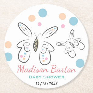 Cute Butterflies and Dots Girl Baby Shower Round Paper Coaster