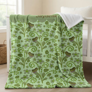 Cute Butterflies And Plants Shades Of Green Fleece Blanket