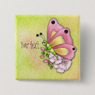 Cute butterfly and flowers 2 inch square button