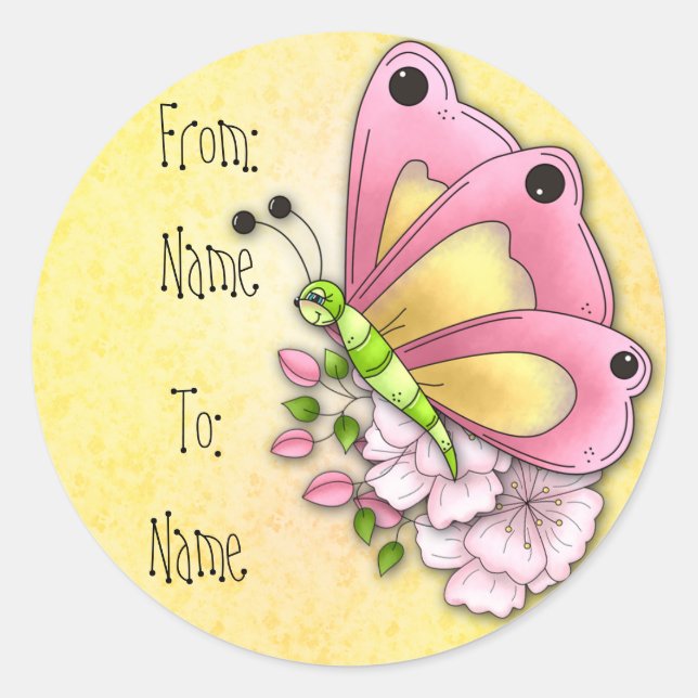 Cute butterfly and flowers classic round sticker (Front)