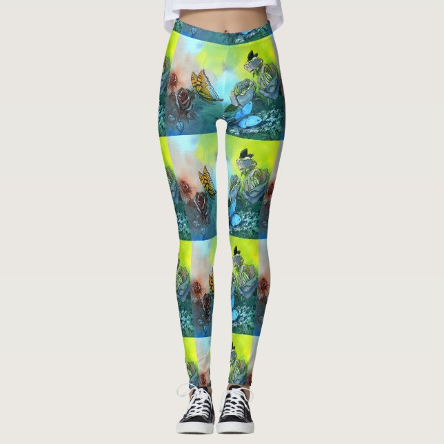 Cute Butterfly and Roses Mixed Colour Vivid Printe Leggings (Front)