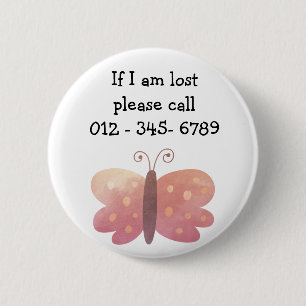Cute Butterfly  Child Emergency Contact 2 Inch Round Button