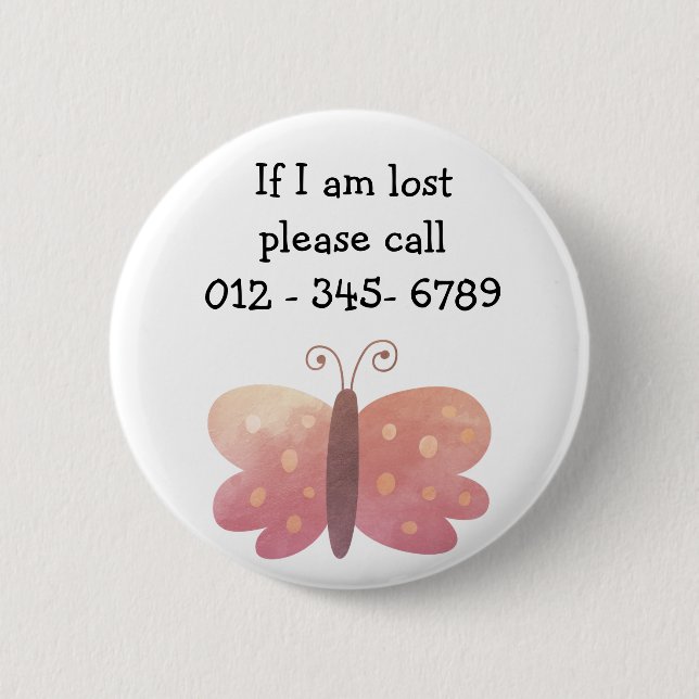 Cute Butterfly  Child Emergency Contact 2 Inch Round Button (Front)