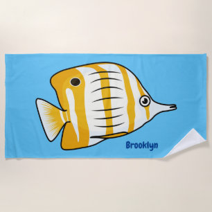 Cute butterfly fish cartoon illustration beach towel