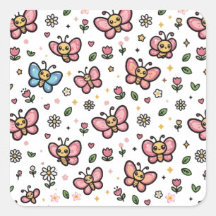 Cute Butterfly Floral Seamless Kawaii Pattern Square Sticker
