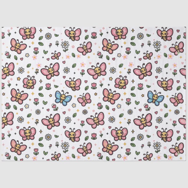Cute Butterfly Floral Seamless Kawaii Pattern Tissue Paper (Front)