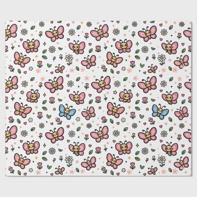 Cute Butterfly Floral Seamless Kawaii Pattern Wrapping Paper (Flat)