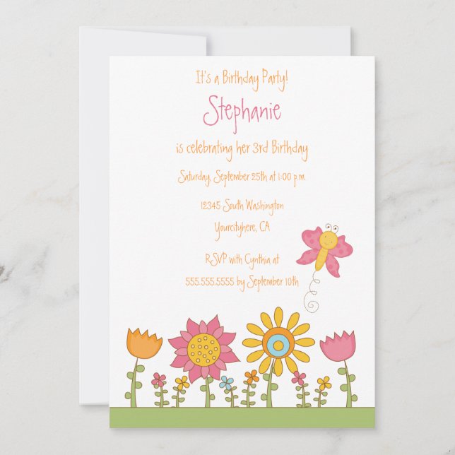 Cute butterfly flowers birthday party invitation (Front)