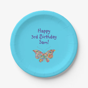 Cute Butterfly Happy 3rd Birthday Personalize Paper Plate