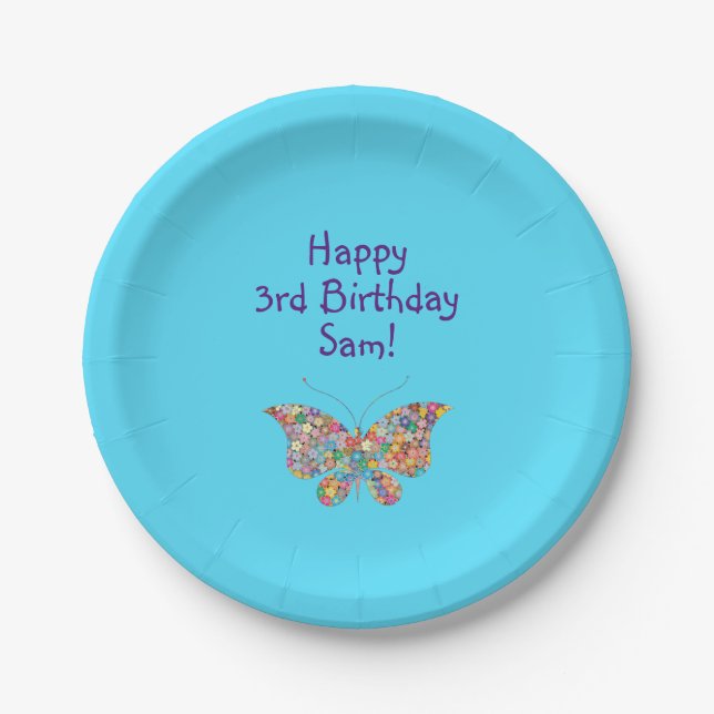 Cute Butterfly Happy 3rd Birthday Personalize Paper Plate (Front)