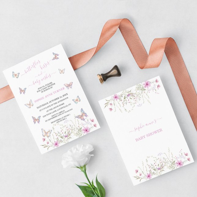 Cute Butterfly Kisses and Baby Wishes Baby Shower Invitation (butterfly baby shower invitation, meadow flowers butterflies baby shower invite, trendy baby shower)