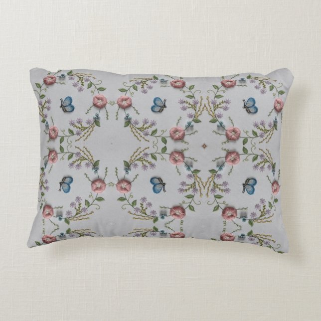 cute butterfly mint green pink Embroidery Floral Decorative Pillow (Back)