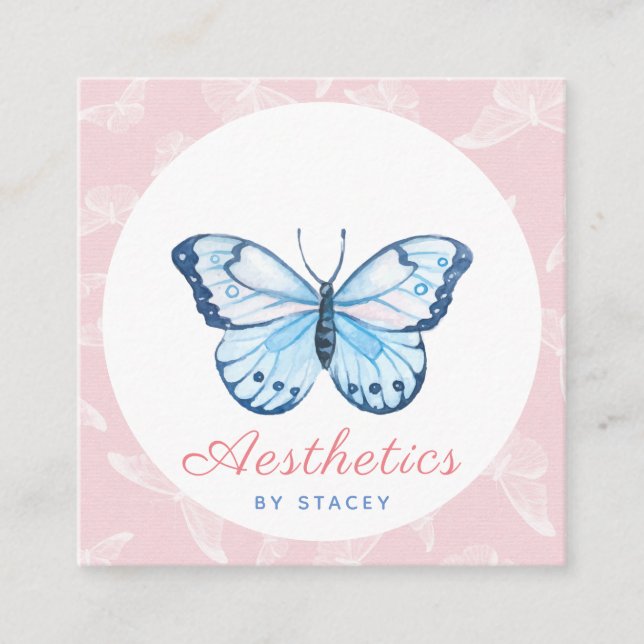 Cute Butterfly Pattern Aesthetics Add QR Code Pink Square Business Card (Front)