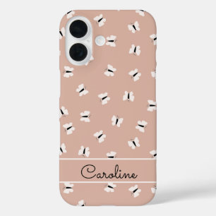 Cute Butterfly Pattern and Custom Name on Pink iPhone 16 Case