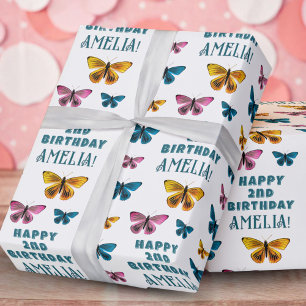 Cute Butterfly Pattern Girl Happy Birthday Wrapping Paper