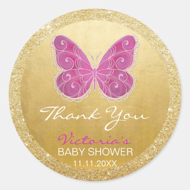 Cute Butterfly Pink Gold Glitter Baby Shower Classic Round Sticker (Front)
