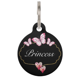 Cute Butterfly Pink Hearts Gold Frame Pet Tag