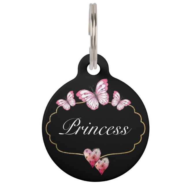 Cute Butterfly Pink Hearts Gold Frame Pet Tag (Front)