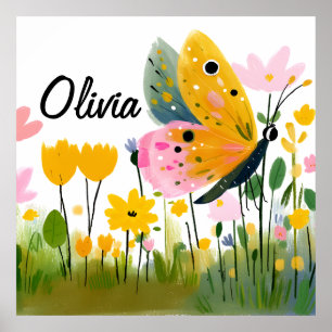 Cute Butterfly Wildflowers Girl's Name Poster