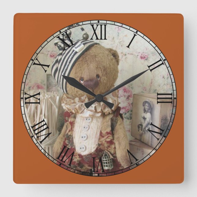Cute Button Down Bear Roman Numeral Square Wall Clock (Front)