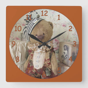 Cute Button Down Bear Square Wall Clock
