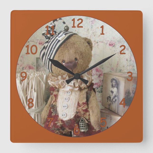 Cute Button Down Bear Square Wall Clock (Front)