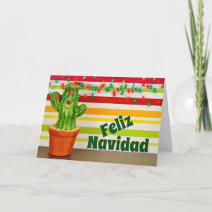 Cute Cactus and Festive Lights Feliz Navidad  Holiday Card
