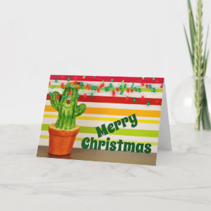 Cute Cactus and Festive String Lights Christmas Holiday Card