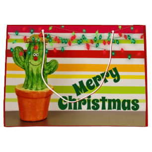 Cute Cactus and Festive String Lights Christmas Large Gift Bag