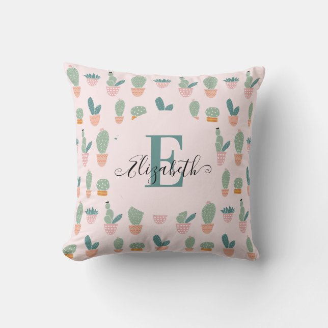 Cute Cactus Cacti Succulent Pink Greenery Monogram Throw Pillow (Front)