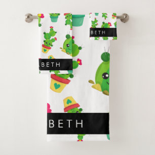 Cute Cactus, Cactus Pattern, Succulent, Your Name Bath Towel Set