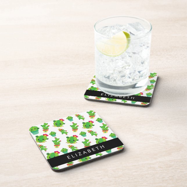 Cute Cactus, Cactus Pattern, Succulent, Your Name Coaster (Right Side)