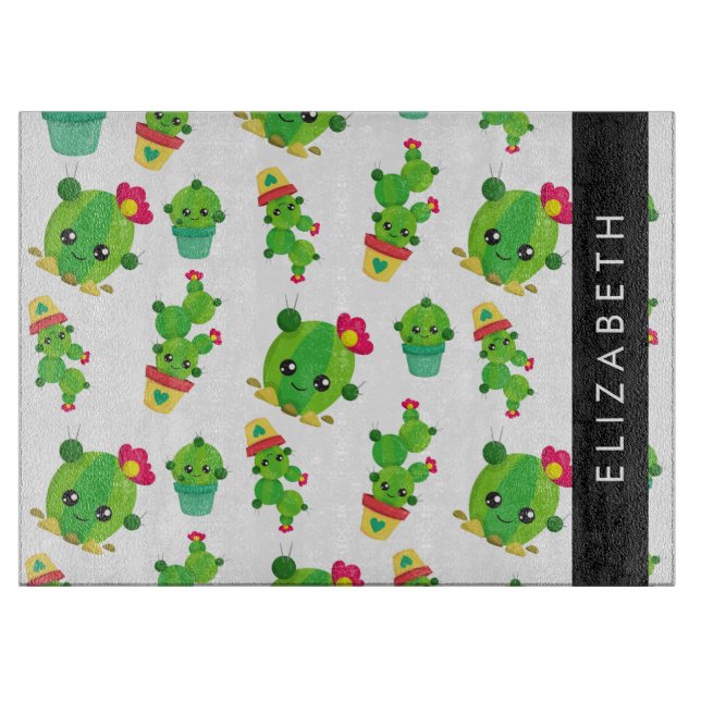 Cute Cactus, Cactus Pattern, Succulent, Your Name Cutting Board (Front)