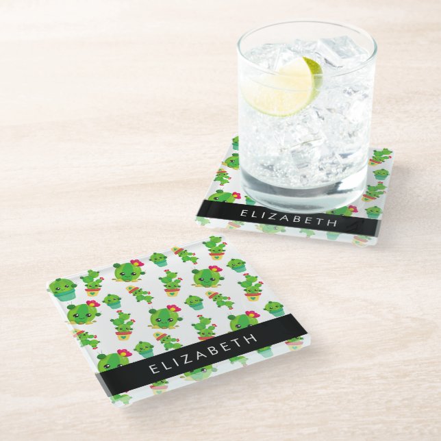 Cute Cactus, Cactus Pattern, Succulent, Your Name Glass Coaster (Angled)