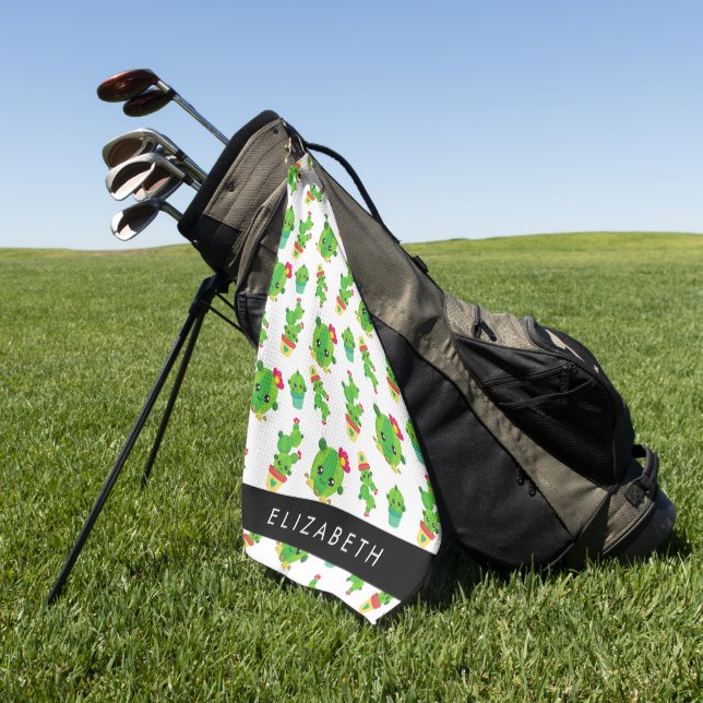 Cute Cactus, Cactus Pattern, Succulent, Your Name Golf Towel (Green)