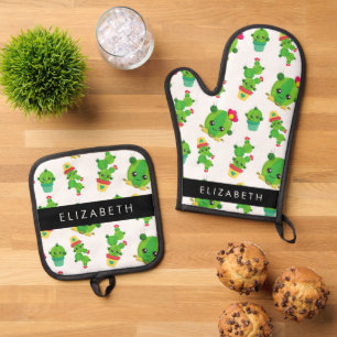 Cute Cactus, Cactus Pattern, Succulent, Your Name Oven Mitt & Pot Holder Set