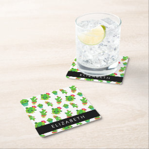 Cute Cactus, Cactus Pattern, Succulent, Your Name Square Paper Coaster