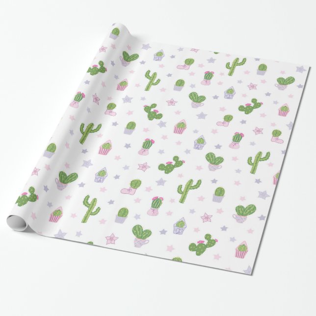 Cute Cactus Colourful and White Wrapping Paper (Unrolled)