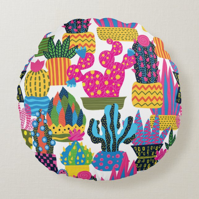 Cute Cactus: Colourful Seamless Fun Round Pillow (Front)