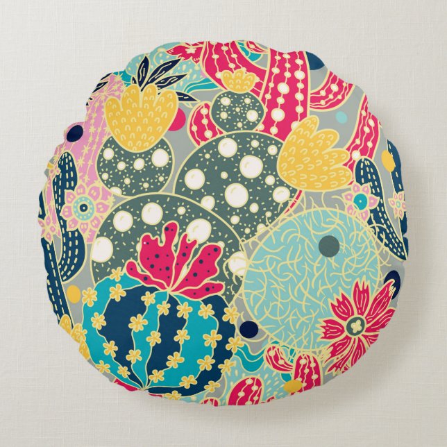 Cute cactus. Colourful seamless pattern.  Round Pillow (Front)