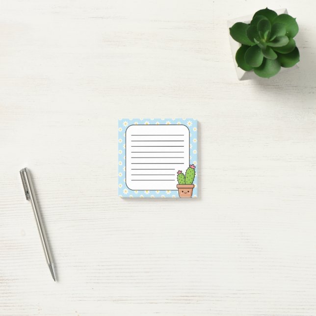 Cute Cactus Daisy Floral Blue Lined Sticky Notes (Office)