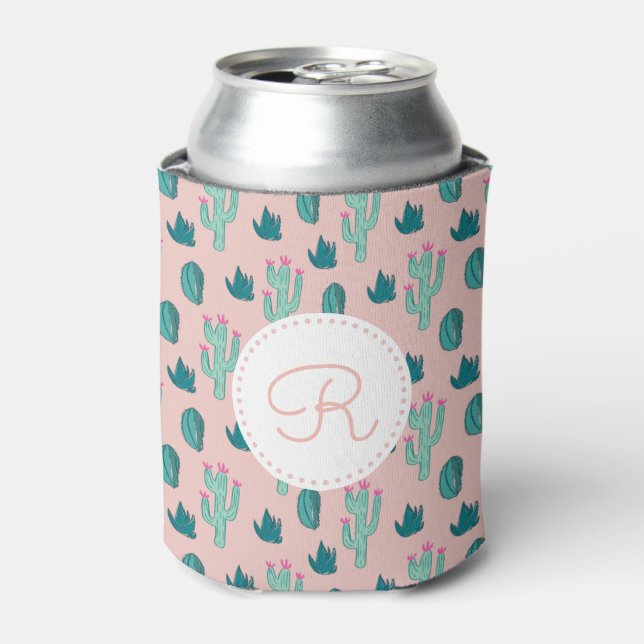 Cute Cactus Drawing Pattern | Monogram Can Cooler (Can Front)