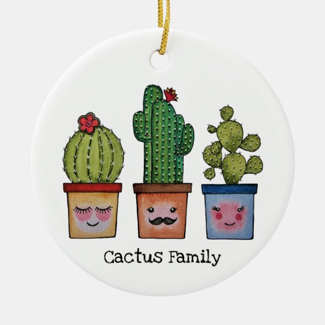 Cute Cactus Family In Watercolor Ceramic Ornament (Front)