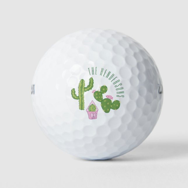 Cute Cactus Family Personalized Green and Pink Golf Balls (Front)