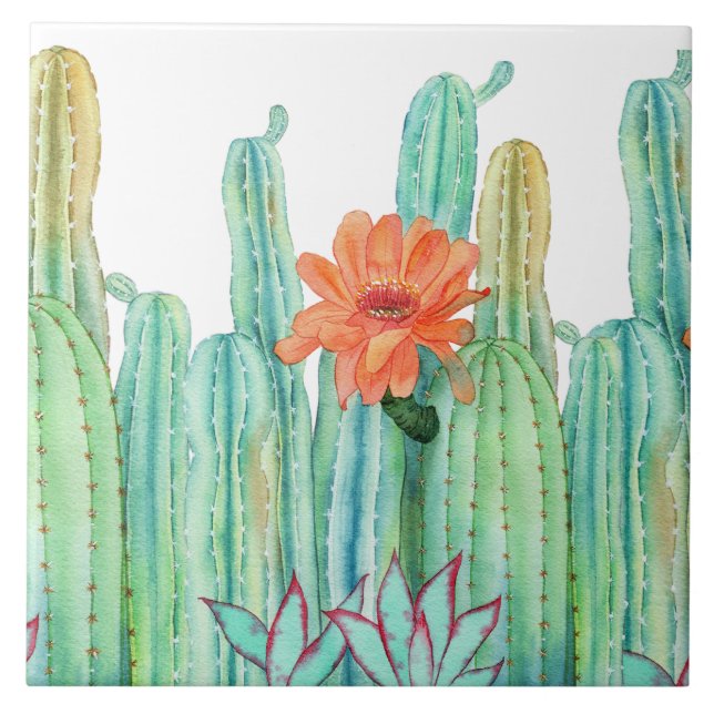 Cute Cactus Floral Botanical  Tile (Front)