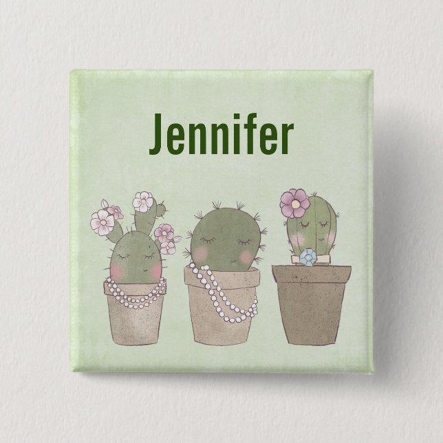 Cute Cactus Girls Wearing Jewellery 2 Inch Square Button (Front)